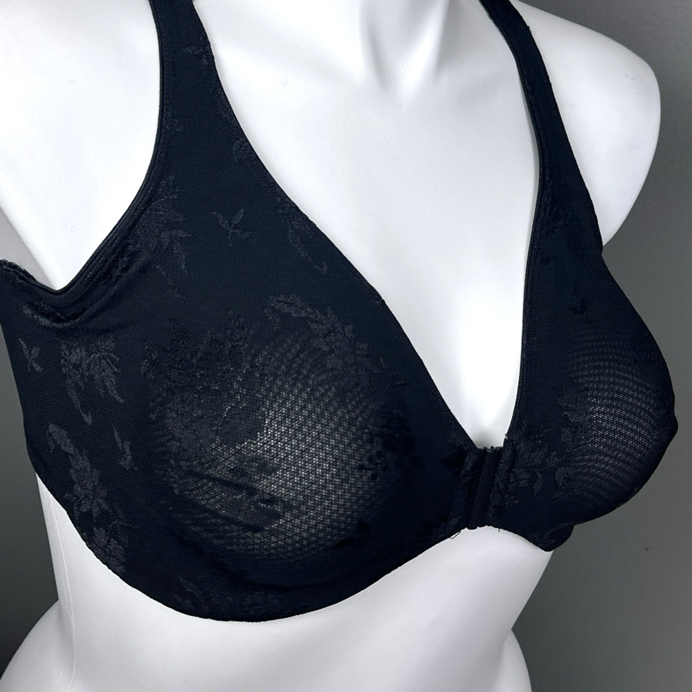 Vintage Olga Flower Play Bra 42DD Black Front Close Racerback Underwire 35097